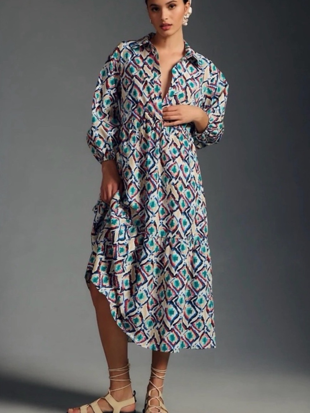 ✨ Maeve Bettina Tiered Shirt Dress Abstract Ikat Print Midi Dress Size Small